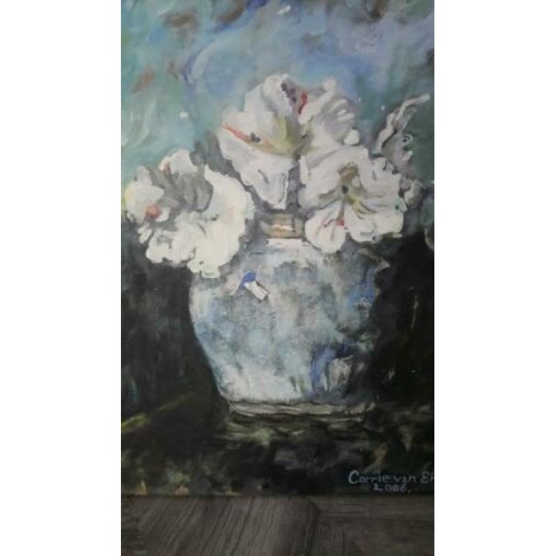 Bloemenschilderij op canvas in blauwtinten (brocante)