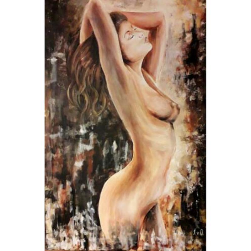 Uniek groot modern schilderij vrouw naakt licht erotisch