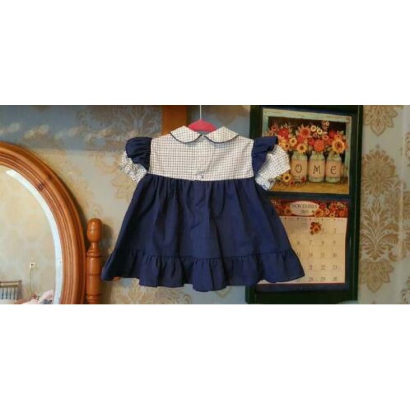 Vintage geblokt bloes jurkje met geborduurde ooievaar 80 86
