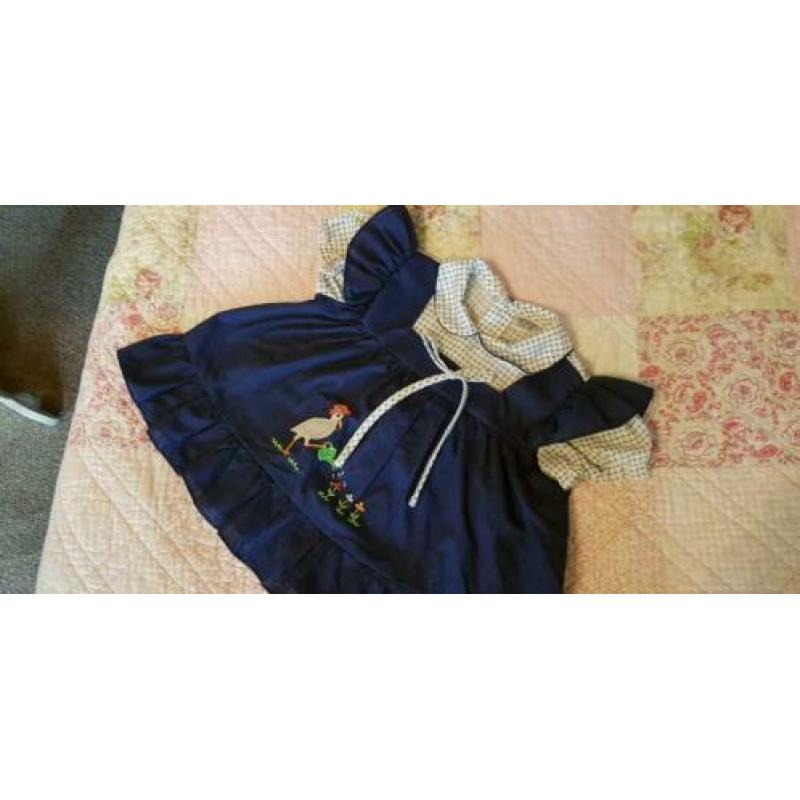 Vintage geblokt bloes jurkje met geborduurde ooievaar 80 86