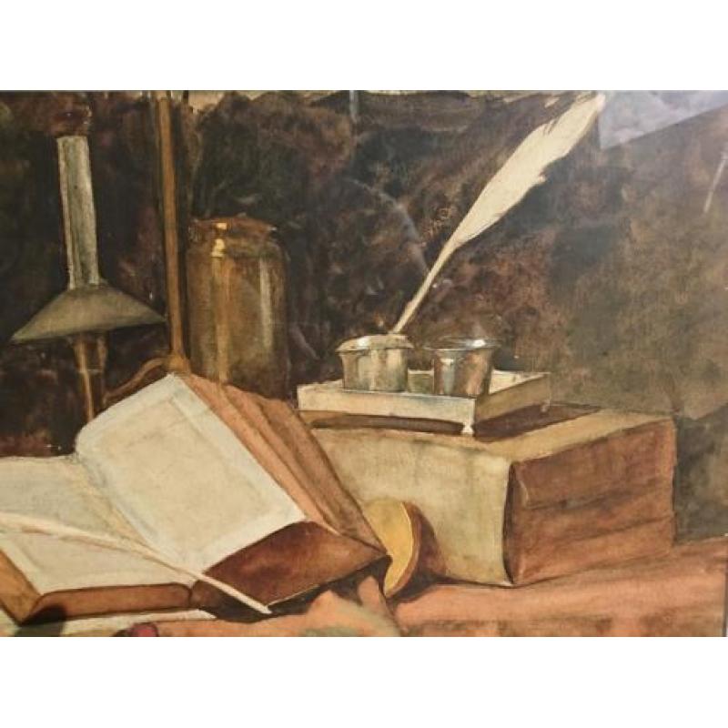 Groot 19de eeuwse stilleven met boeken en inktstel, aquarel