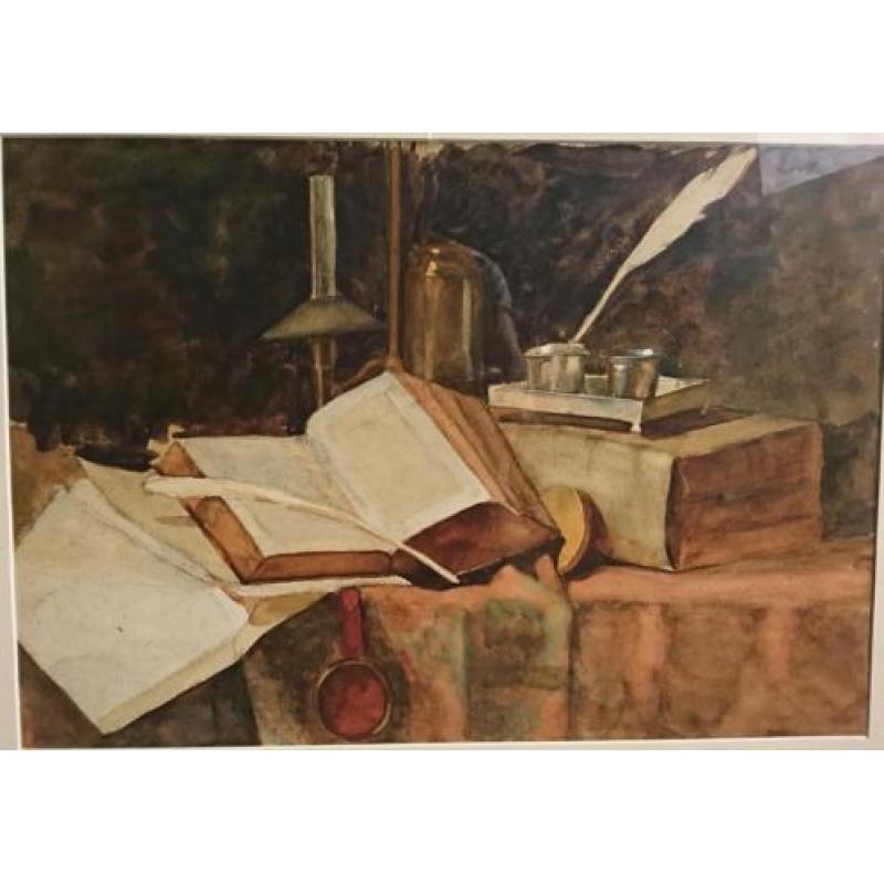Groot 19de eeuwse stilleven met boeken en inktstel, aquarel
