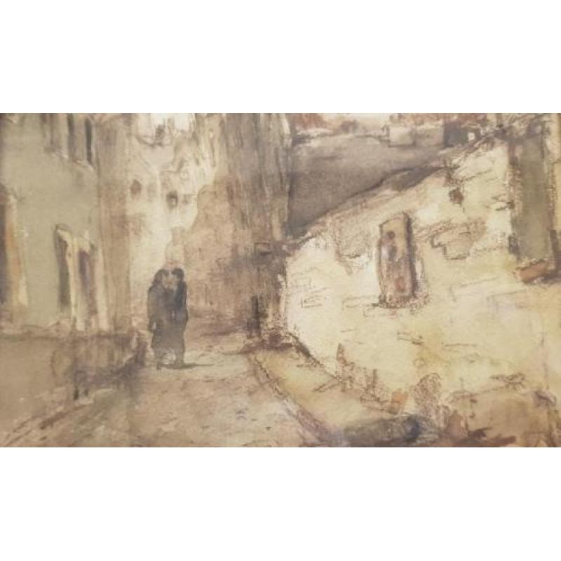 aquarel, 25 x 20, figuur in straatje, Ges. J. Rijlaarsdam