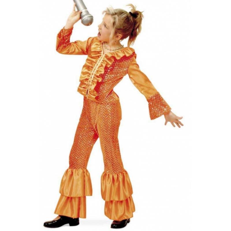 Geschiedenis kostuums Carnavalskostuum winkel Disco kostuum oranje met glitters